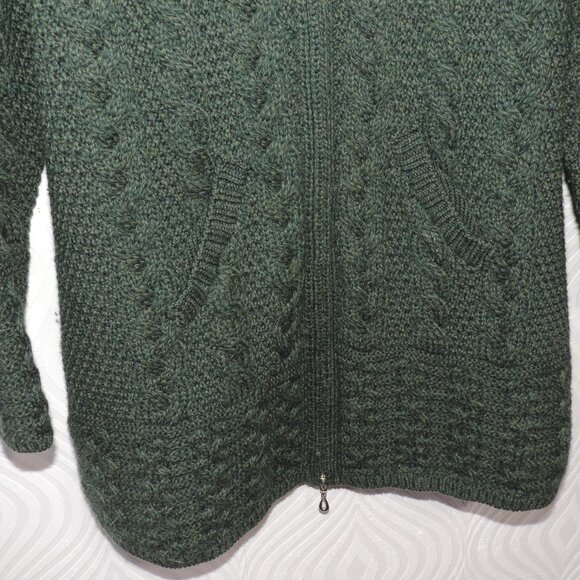 Aran Crafts Gorgeous Green Cable Knit Full 2-way Zip Hoodie Wool Sweater sz M - Picture 3 of 15